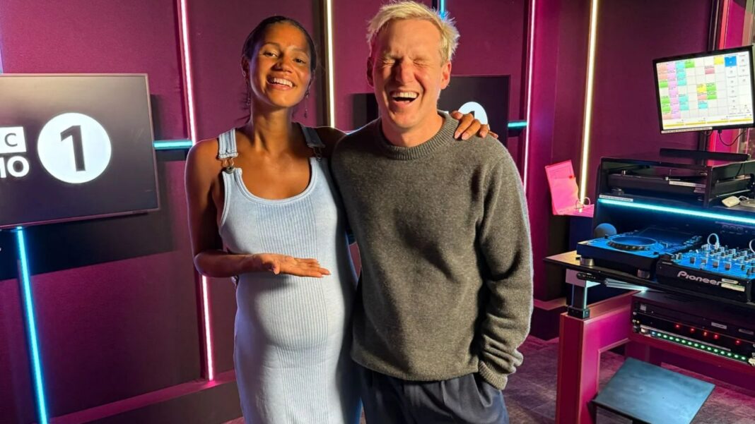 Pregnant Vick Hope beams on final day at Radio 1 as Jamie Laing sends her off on maternity leave with cards and cake