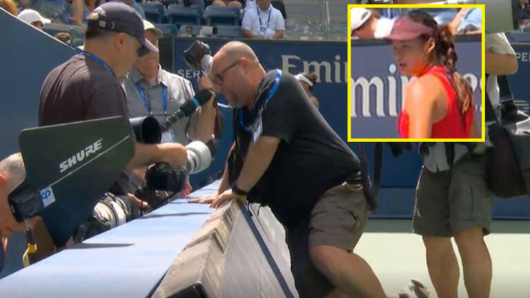 ‘He’s stacked it’ – Emma Raducanu’s US Open win stopped after cameraman falls over hoardings