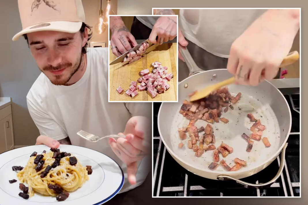 Brooklyn Beckham serves up crispy-looking spaghetti carbonara before insisting dish is NOT burnt