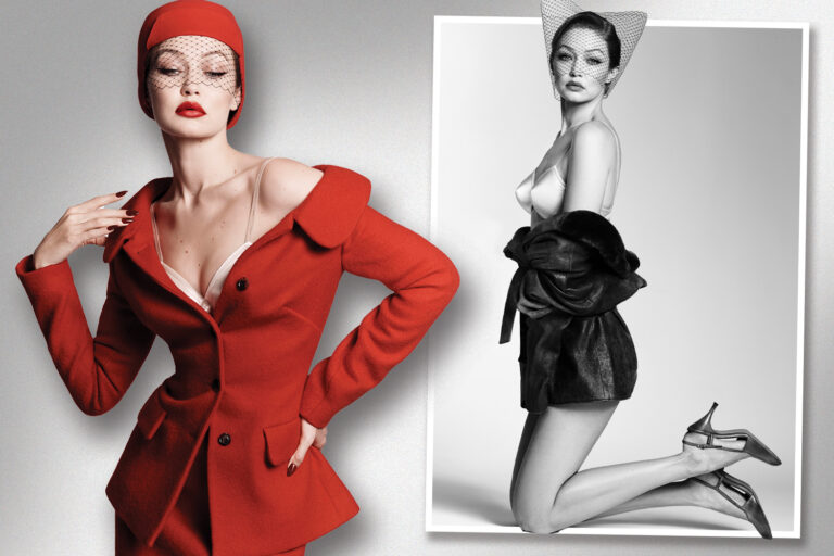 Gigi Hadid looks stunning in bright red suit jacket and matching pencil skirt for high fashion shoot