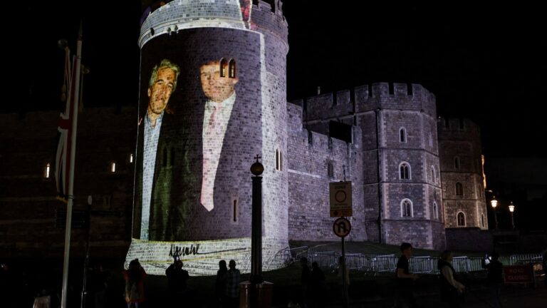 Trump, Jeffrey Epstein images projected on Windsor Castle