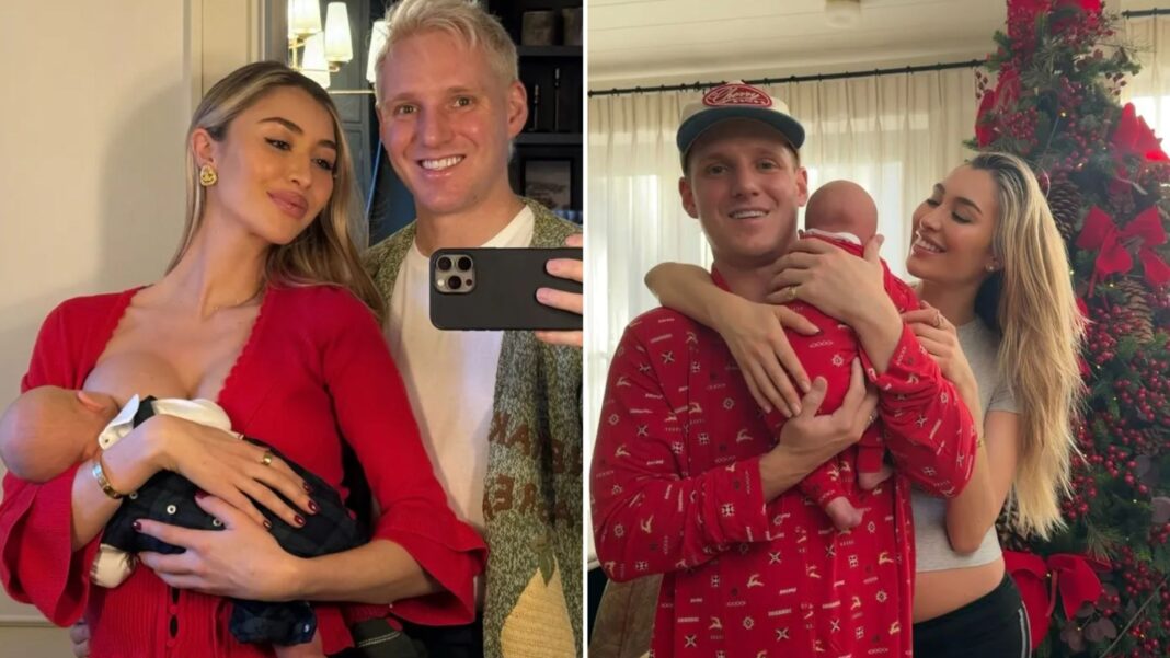 Sophie Habboo cuddles up to newborn son Ziggy as she marks first Christmas as a mum with husband Jamie Laing