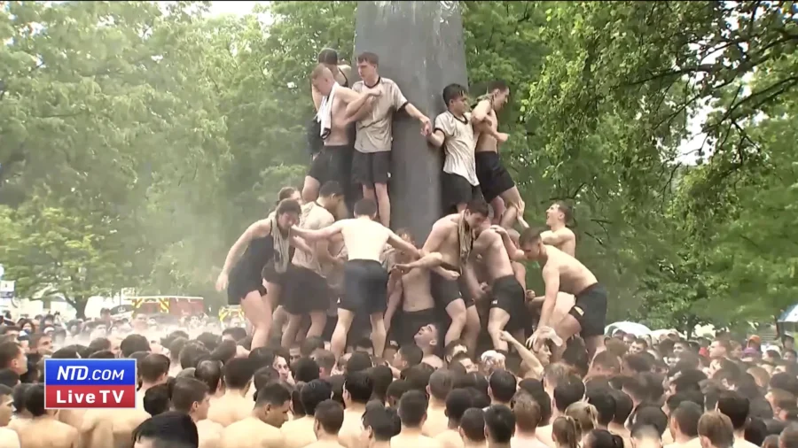 LIVE NOW: US Naval Academy Plebes of 2026 Attempt Annual Greased Climb