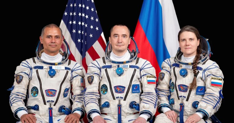 NASA astronaut and 2 cosmonauts blast off for an 8-month stay in space